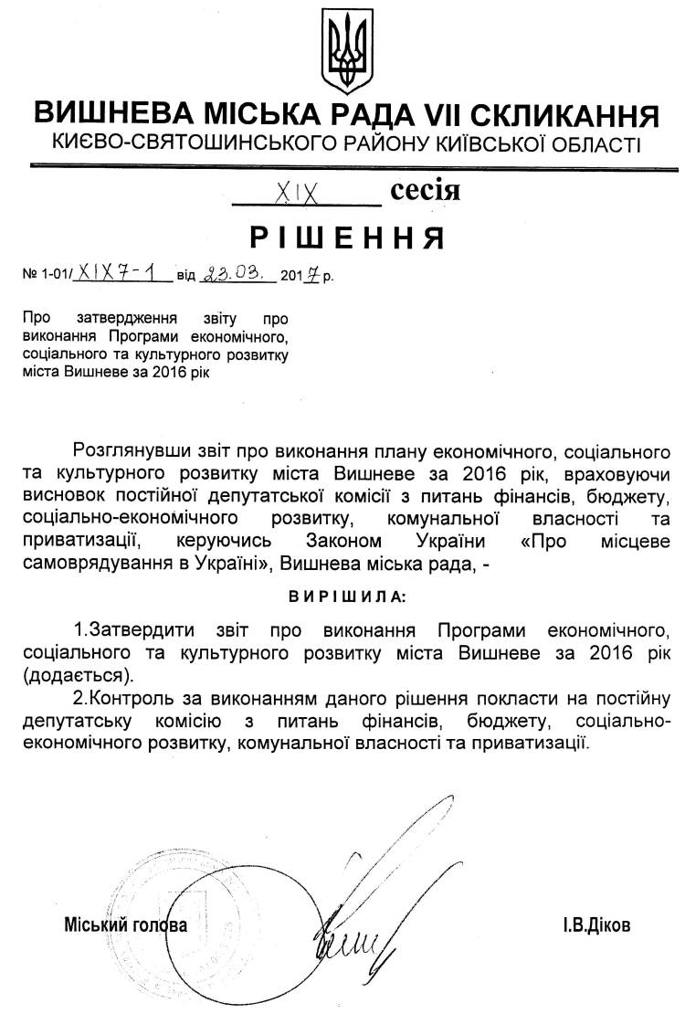 РІШЕННЯ ХIХ СЕСІЇ VIІ СКЛИКАННЯ від 23.03.2017 року